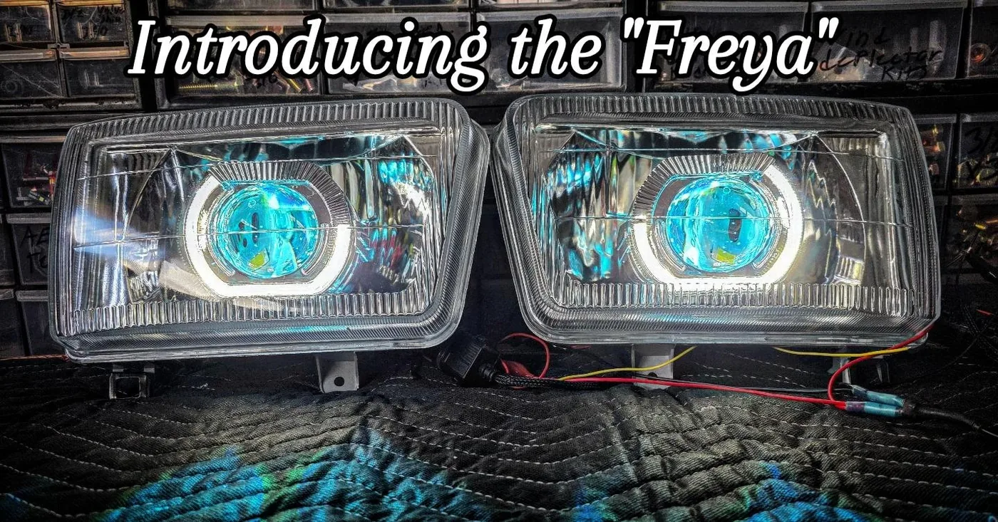 The Freya LED projector headlights with white halo and blue parking-light accent